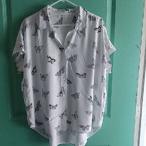 Women's White Butterfly Print Button Down Shirt